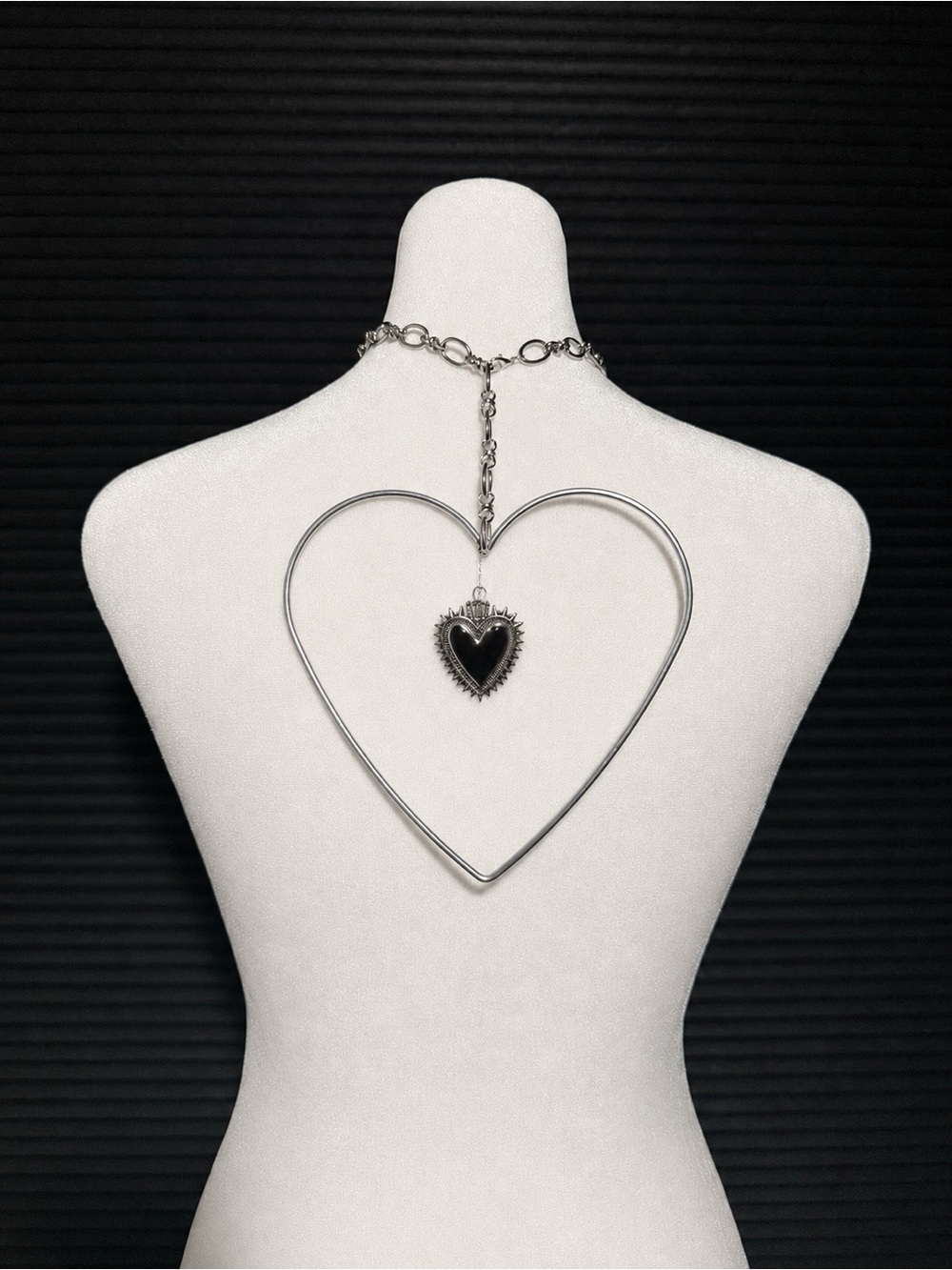 Heart Frame Pendant Back Necklace with Black Heart Accent